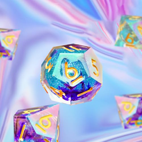 YEMEKO Laser Liquid Core DND Rainbow Dice Set for Dungeons and Dragons with Iridescent Iconic Coating, Polyhedral Dice with Resin Sharp Edge for RPG, MTG Table Games(Purple Teal)
