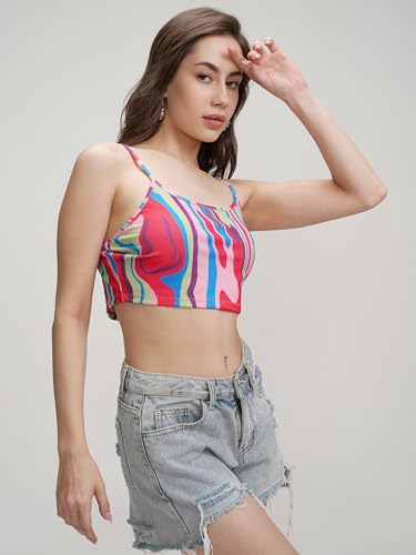 Image of Tokyo Talkies Women's Graphic Print Fitted Crop Top | Shoulder Straps | Chic & Versatile Cut Out | Perfect for Casual & Layered Looks | Tops for Woman | Women Tops | Women Crop Top