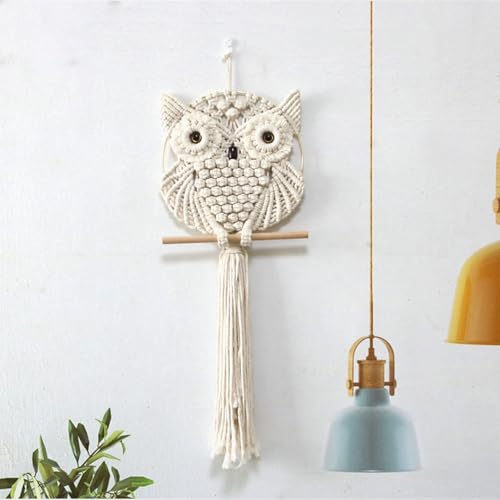 Tenture murale hibou beige 30x80cm en macramé tissé main