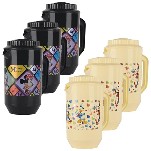 Image of Kuber Industries Pack of 6 Plastic Jug for Kitchen | 2 Ltr | Multipurpose Jug for Water, Milk & Juice | Perfect for Daily Use in Kitchen, Home, Office & Events | Disney Team- Cream & Black