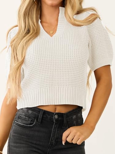 Image of Saodimallsu Womens Puff Short Sleeve Sweater Top Waffle Knit V Neck Spring Summer Cropped Trendy Cute Shirts Blouses White