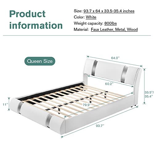Imusee Queen Size Platform Bed Frame With Luxury Solid Faux Leather Upholstery, Adjustable Headboard With Iron Piece Decoration, Mattress Foundation With Wood Slat Support, No Box Spring Needed, White #TOP6