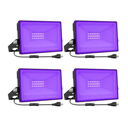 Onforu 4 Pack 20W LED Black Lights, Blacklight Flood Light with Plug and Switch, IP66 Waterproof Blacklight for Halloween Party, Glow in The Dark, Stage Light, Body Paint, Neon Glow