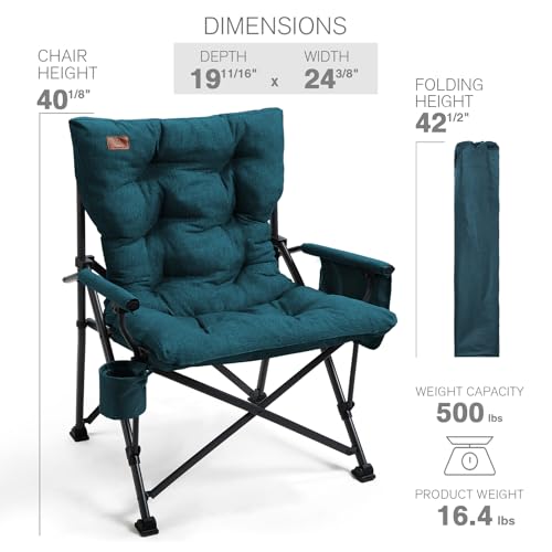 Image of EVER ADVANCED Padded Oversized Folding Camping Chair for Adults, Heavy Duty Lawn Chair with Side Pockets, Portable Collapsible Quad Chair for Outside, Support Up to 500lbs, Green