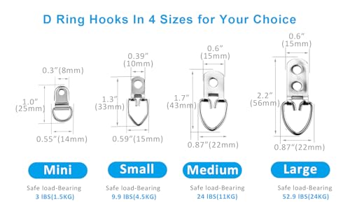 Image of D Ring Picture Hangers Kit, YHYZ D-Ring Picture Hanging Hooks (4 Sizes) with Screws, Hanging Wire Included, for Wooden Frame Mirror Clock Canvas Wall Decor