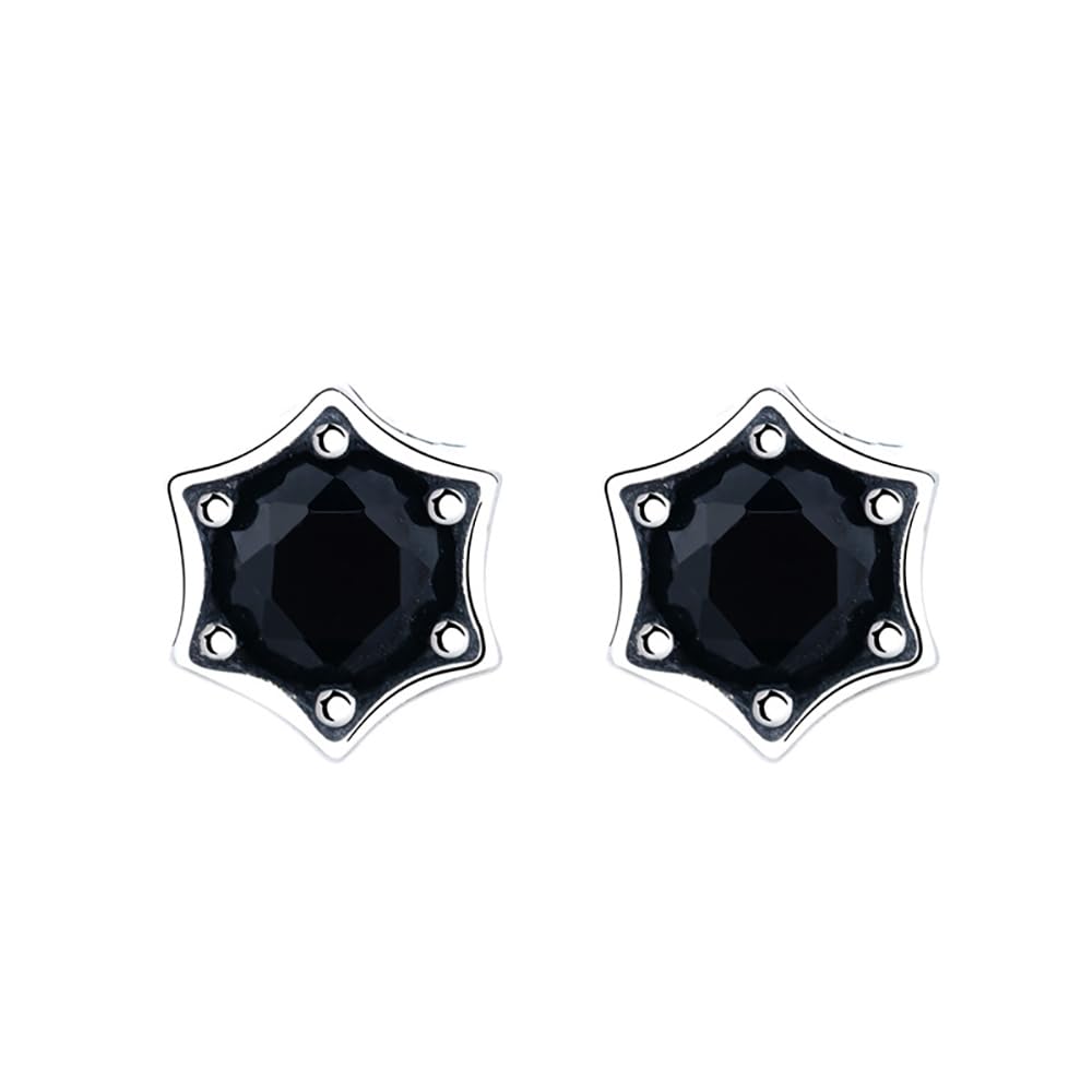 Sechseckige Stern-Ohrstecker aus Silber mit schwarzen Diamanten, Sterling-Zirkonia-Ohrringe für Damen/Herren, 8 mm