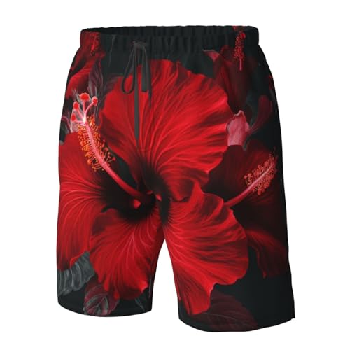 Red Hibiscus Flowers Men's Swim Trunks Quick Dry Board Shorts with Pockets Drawstring Beach Shorts Bathing Suit4