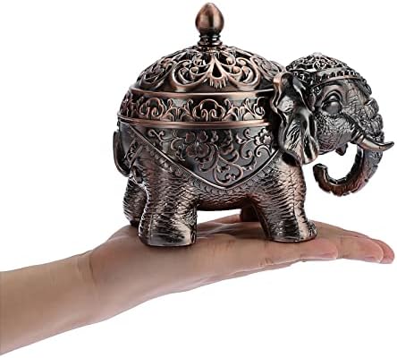 BSTKEY Metal Zinc Incense Burner Vintage Elephant Incense Holder Burner with Lid, Cone Coil Incense Holder Stand Decorative Incense Burner for Home Office Spa (Red Copper)