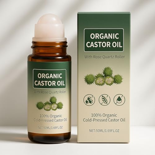 Maidlure Organic Castor Oil Roll-on with Rose Quartz, 100% Cold-Pressed Organic Castor Oil Glass Bottles Roller for Skin, Brows & Lashes 1.7oz (1)