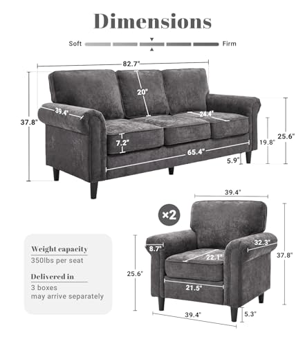 Image of Kingfun 3 Seater Couch, Mid Century Modern Sofa Set with Rolled Arms and Deep Seats, Fluffy Comfort for Living Room, Apartment, Easy Assembly, Gray