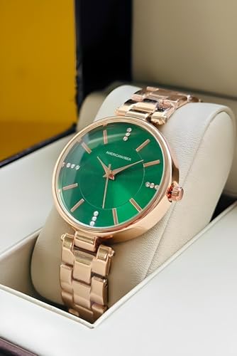 Image of AMERICANVIBER Women Analogue Wrist Watches for Women's & Girls&Miss&Ladies Diamond Studded Roman Dial Rosegold Colored Stylish Bracelet Strap (Green)