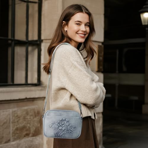 Image of Small Crossbody Purses for Women, Trendy Vegan Leather Crossbody Bag Embossed Travel Shoulder Handbags with Wide Strap