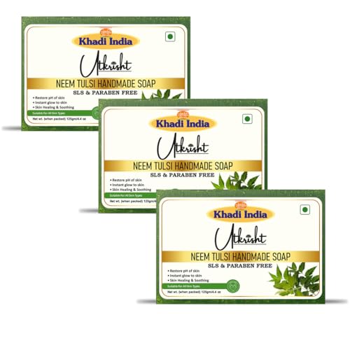 Image of Utkrisht Khadi Neem Tulsi Handmade Bathing Soap Bar 125g (Pack of 3) | Natural Deodorizer & Herbal Soap | Removing Dirt & Impurities | Deep Cleansing for Glowing & Brightening Skin | All Skin Types