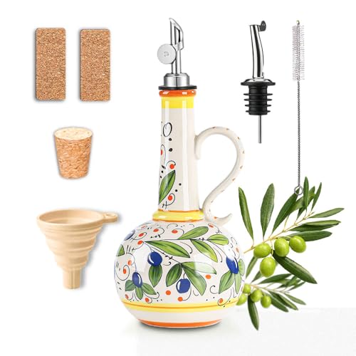 18 oz Ceramic Olive Oil Dispenser Bottle - Hand-Painted Italian Kitchen Decor Oil Cruet with 2 Spouts, Silicone Funnel, Cleaning Brush & Writable Labels - Ceramic Olive Oil Decanter for Kitchen