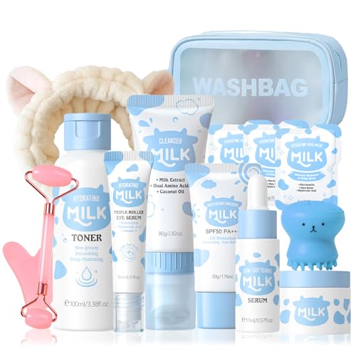 Milk Skin Care For Kids Birthdays Gift Set - Natural Skincare For Girls 10-12 - 14 In 1 Moisturizing & Gentle Milk Skin Care For Teens Girls Ages 8-12 - Facial Kit For Women 14PCS with GuaSha