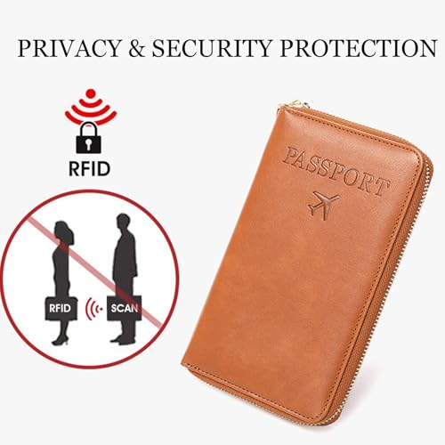 Rowgins Multi-Functional RFID Passport Wallet, RFID Passport Holder for Travel with Safe Zipper for Credit Cards, Tickets, and Cash (Brown)2