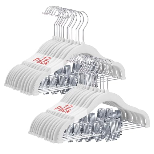 Wellong Perchas de Terciopelo con Clips, Perchas para Ropa de Niños de 30cm, Perchas Antideslizantes para Niños Pequeños y Bebés 24 Piezas Blanco