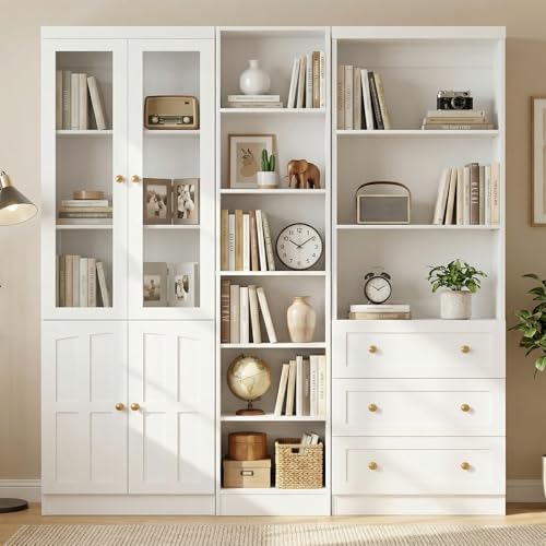 Cyclysio 80" H Bookshelf with Adjustable Shelves and Thickened Top Panel, 6-Tier Open Storage Shelf, Tall Bookcase with 3 Drawers, Bookshelf with Doors for Home Office, Dining Room, Set of 3 (White)