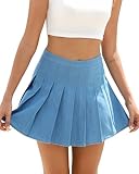 SCKTOO Womens Denim Skirt High Waisted Zipper A-Line Skater Jean Pleated Mini Skirts (Ligth Blue,L)