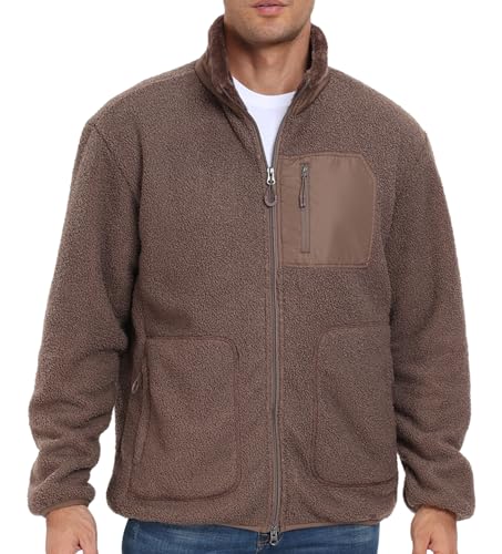 Image of PEGENO Men's Fuzzy Sherpa Warm Fleece Jackets Stand Collar Teddy Velvet Full Zip Outdoor Winter Soft Coat With Pocket,01 Brown,XXL