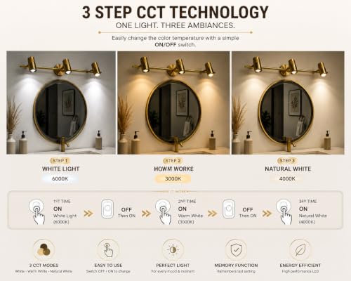 Image of FILLISKA 3 in 1 Triple Wall spot /Picture /Display /Mirror Light with Adjustable Head and Colour Changing Function (Luxurious Gold-185)