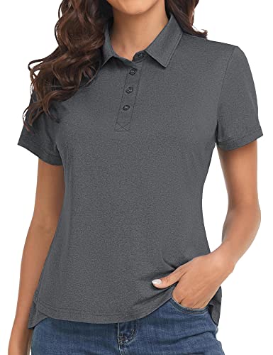 Polu Womens Polo Shirts Short Sleeve Collared Shirt Dry Fit Button Down Shirt Casual Dark Grey 2Xl #TOP17