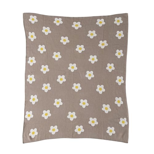 Image of Creative Co-Op Cotton Knit Baby Blanket with Printed Flowers, Brown and White