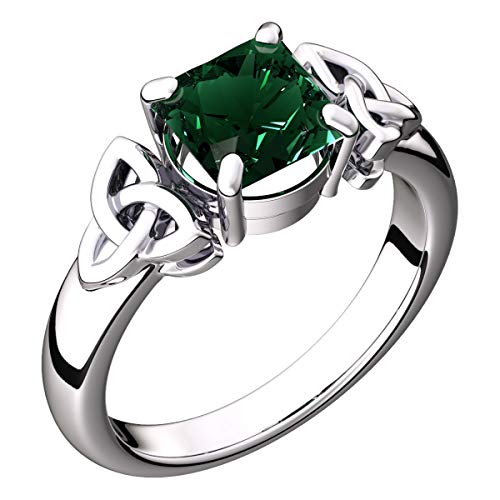GWG Jewellery Anillos Mujer Regalo Anillo Celta Plata de Ley Circonita Cuadrado Grande de Color Esmeralda Verde Adornado con Nudos de Trinidad - 7 para Mujeres Cover