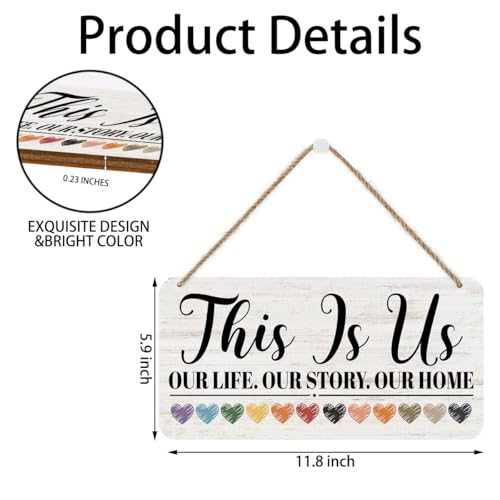 Image of This Is Us Hanging Wooden Wall Sign Decor for Home Entryway Farmhouse, Inspiration Wood Sign Plaques, Pastel Colorful Heart Rustic Signs Wall Art Decor, 12 x 6 Inch
