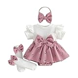 Beauace Baby Mädchen Kleidung Blumen Druck Sommer Kleider Rüschen Kurze Ärmel Kleid + Lange Socken + Stirnband Babyset Niedliche Babykleidung (Pink, 0-3 Monate)