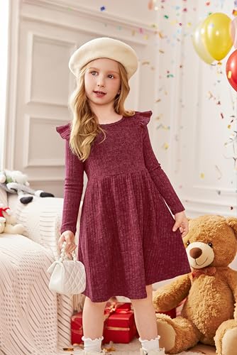 Arshiner Toddler Girl Dress Baby Girls Knitted Ruffle Sleeve Pocket Dresses A-Line Flared Fall Winter Clothes for 2-8 Years2
