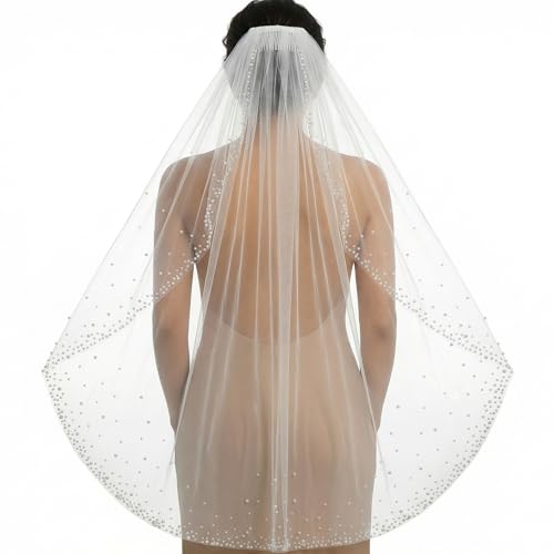 AOREAS 1 Tier Pearl Veil Bride Wedding Veil Soft Tulle Bridal Veils with Comb Hair Accessories For Brides and Women Prom Dinner
