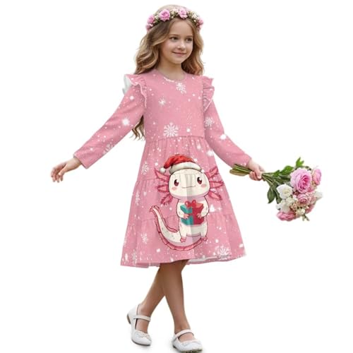 Girls Winter Dress Ruffled Sleeve Fancy Crewneck Dresses Long Sleeve Midi Dress for Toddler 3-14T2