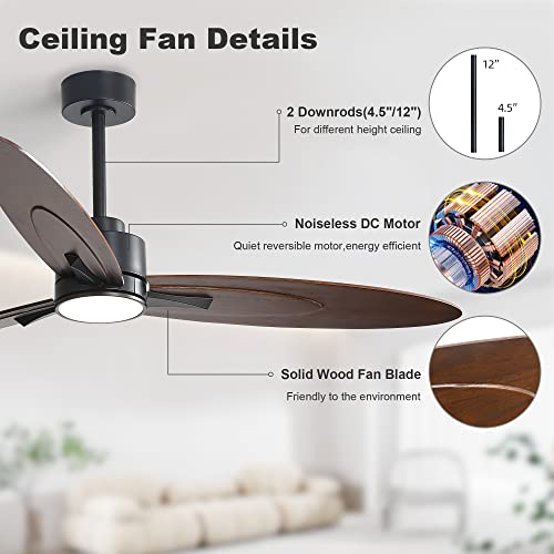 Ledlux 60 Inch Ceiling Fan With Light, Reversible Dc Motor, 6 Speed Remote Control, 3 Solid Wood Blades Ceiling Fan For Living Room/Bedroom/Kitchen (Walnut) #TOP4