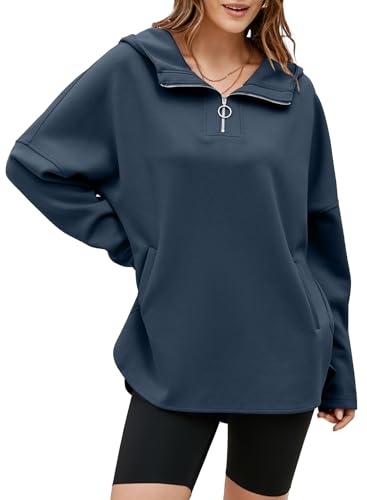EVALESS Women's Oversized Hoodies Casual Long Sleeve Half Zipper Pocket Sweatshirt Pullover Tops