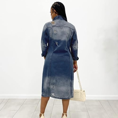 BORAMAX Women's Fashion Ripped Holes Maxi Long Denim Jacket Trench Coat Retro Blue Jackets Lapel Button Oversized Trench Coat4