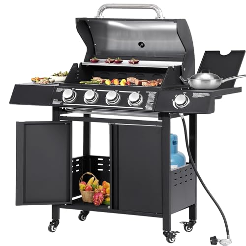 MAGIC UNION 4-Burner Propane Gas BBQ Grills with Side Burner, Cast Iron 50,000 BTU Patio Barbecue Grill with Stainless Steel Grates for Outdoor Cooking, Backyard, Garden