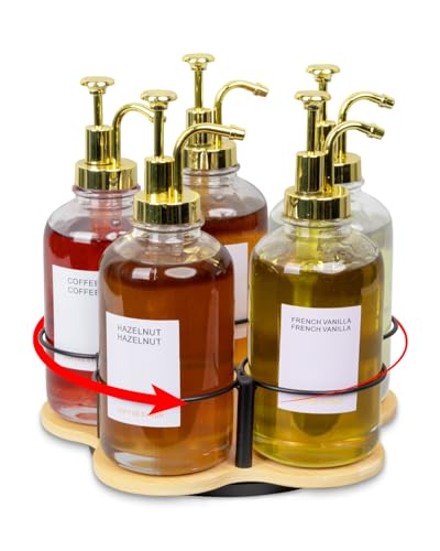 IntreLife Rotating Coffee Syrup Organizer, Syrup Bottle Holder for Coffee Syrup Dispenser 16.9oz, Bamboo Coffee Syrup Rack for Coffee Bar Station Countertop, Coffee Bar Accessories(Syrup Rack Only)