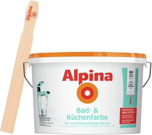 Alpina Bad- und Küchenfarbe in weiß matt inkl. Rührholz – Anti-Schimmel Wandfarbe für Feuchträume – ergiebig, gut deckend & reinigungsfähig – 5 Liter
