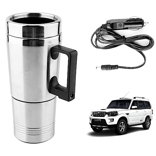 Image of Oshotto 12V Stainless Steel Car Heating Kettle /Mug, Travel Friendly electric Tea /Coffee maker Compatible with Mahindra Scorpio (300ml) - Silver
