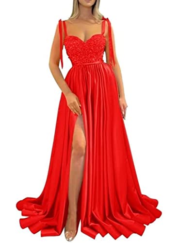 Robe de bal longue en satin fendue tenue de soirée rouge chic taille 50