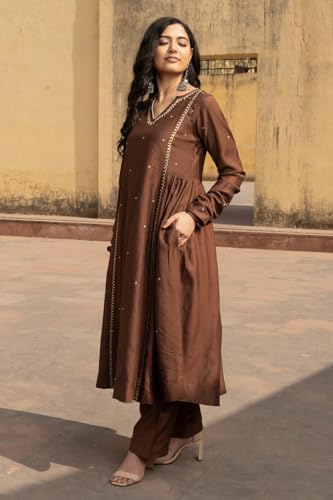 Image of ANNI Designer Women Ethnic Kurta Pant Set Rayon Viscose Straight Fit Solid Embroidered Dupatta Traditional Indian Wear Outfit Suitable Casual Festive Office Styling