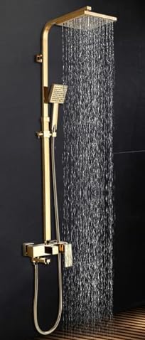 JUSTER Sistema de Ducha Termostático, Dorado, Juego Completo de Accesorios de Ducha con Cabezal de Ducha Redondo Tipo Lluvia, con Barra de Ducha Ajustable