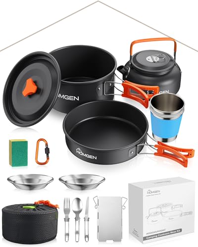 HOMGEN Set de Cuisine de Camping avec Pare-Brise Ensemble de Casseroles et Poêles de Camping en Aluminium pour 2-3 Personnes - Batterie de Cuisine Portable...