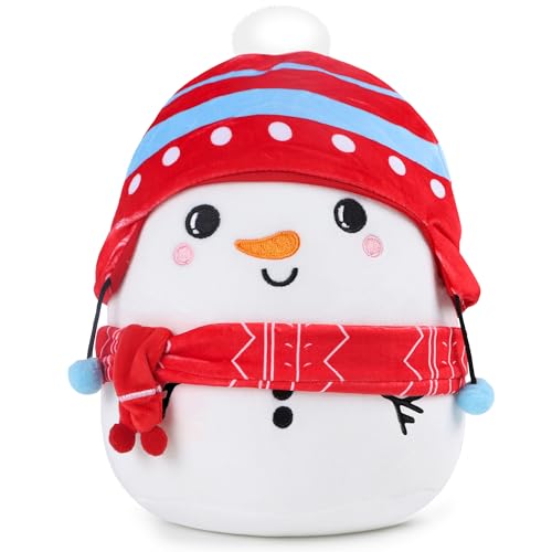 SEAOPOP Christmas Snowman Plush Toy: 10-Inch Cute Winter Snowman Stuffed Animal with Red Christmas Hat and Scarf, Soft and Cuddly Plush Pillows Holiday Birthday Decoration Gifts for Kids Girls Boys