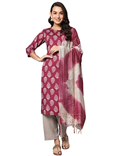 Image of VredeVogel Women's Poly Crepe Floral Straight Kurta with Pant and Chanderi Dupatta Set