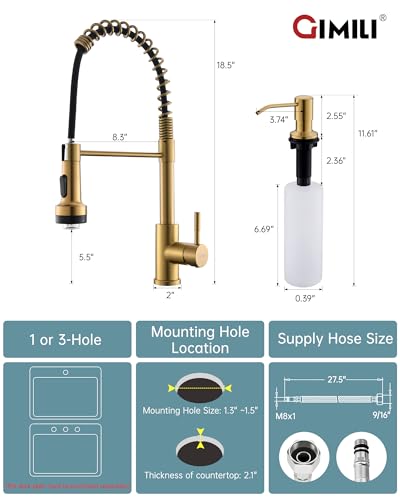 Image of GIMILI Gold LED Kitchen Faucet with Soap Dispenser, Modern Single Handle Spring Kitchen Sink Faucets with Pull Down Sprayer