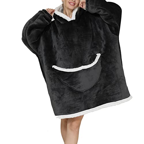 Tragbarer Decken-Hoodie, Damen-Decken-Hoodie, Warmes, übergroßes, Mittellanges, Reinfarbiges Flanell-Damen-Decken-Swearshirt mit Tasche für Herbst-Winter, für(Average Size for Adults-Dunkelgrau) Cover