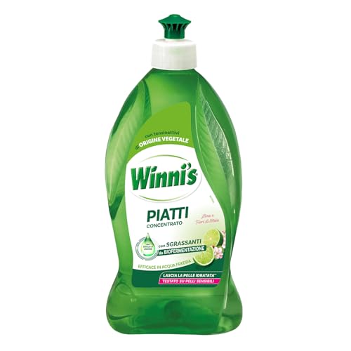 Winni's - Detersivo Piatti e Stoviglie a Mano, Concentrato, Ipoallergenico, con Sgrassanti Naturali da Biofermentazione, Lime e Fiori di Mela, Materie Prime di Origine Vegetale, 480 ml