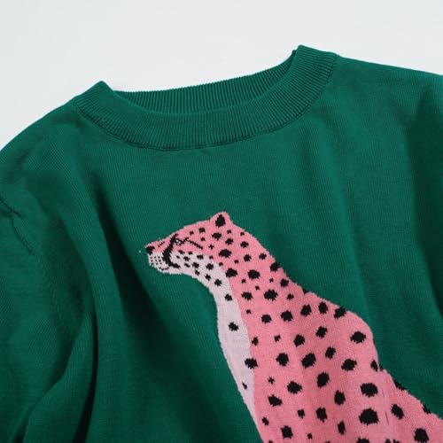 Women's Green Knitted T-Shirt, Retro Animal Pattern Crewneck Cotton Short Sleeve- Cropped Length3